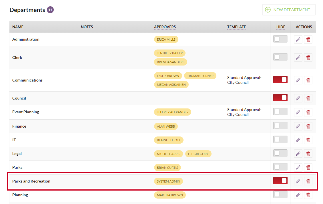 An example hidden department in the Departments list.