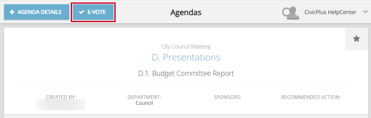 The blue, rectangular E-Vote button in the upper-left corner of an example agenda page.