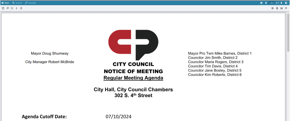 An example agenda in the Board Portal PDF viewer.