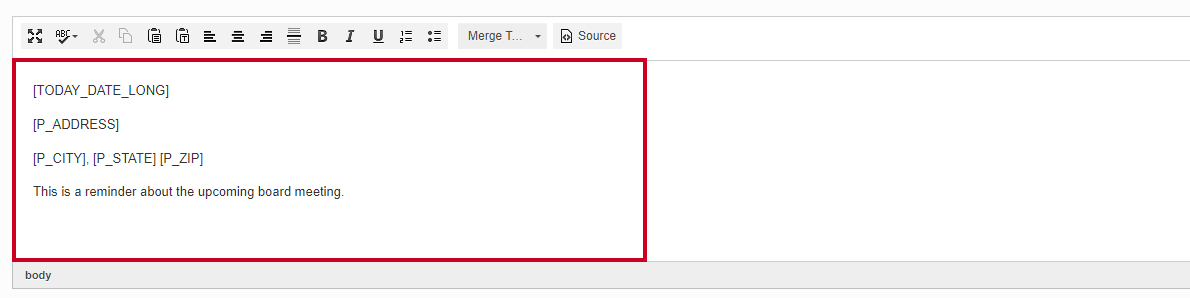 The Edit Email Template page text box.