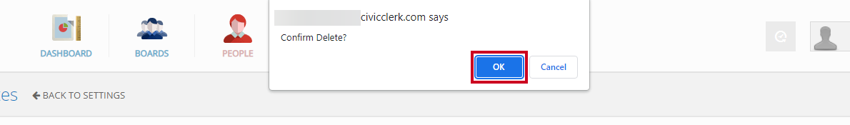 The blue, rectangular OK button on the Confirm Delete popup.