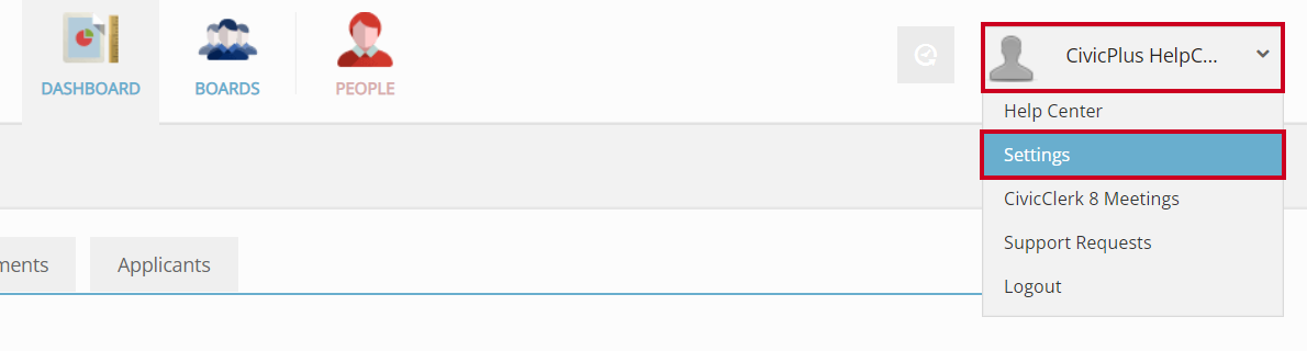 The Boards and Committees module User Menu with the Settings option highlighted.