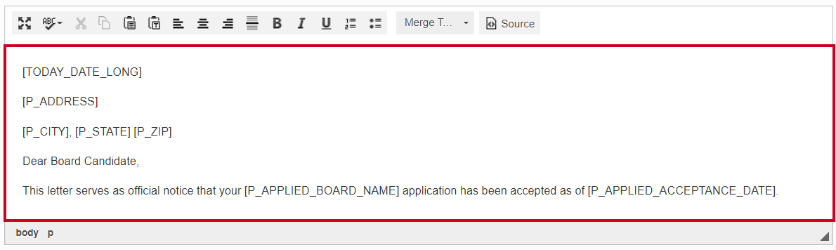 The Edit Letter Template page text box.