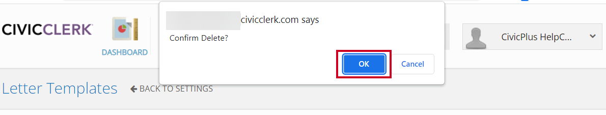 The blue, rectangular OK button on the Confirm Delete popup.