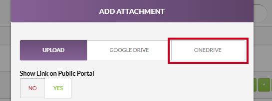 The Add Attachment modal with the white, rectangular OneDrive tab highlighted.