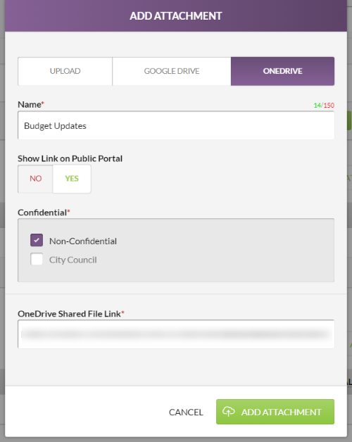 The Add Attachment modal with OneDrive fields filled.