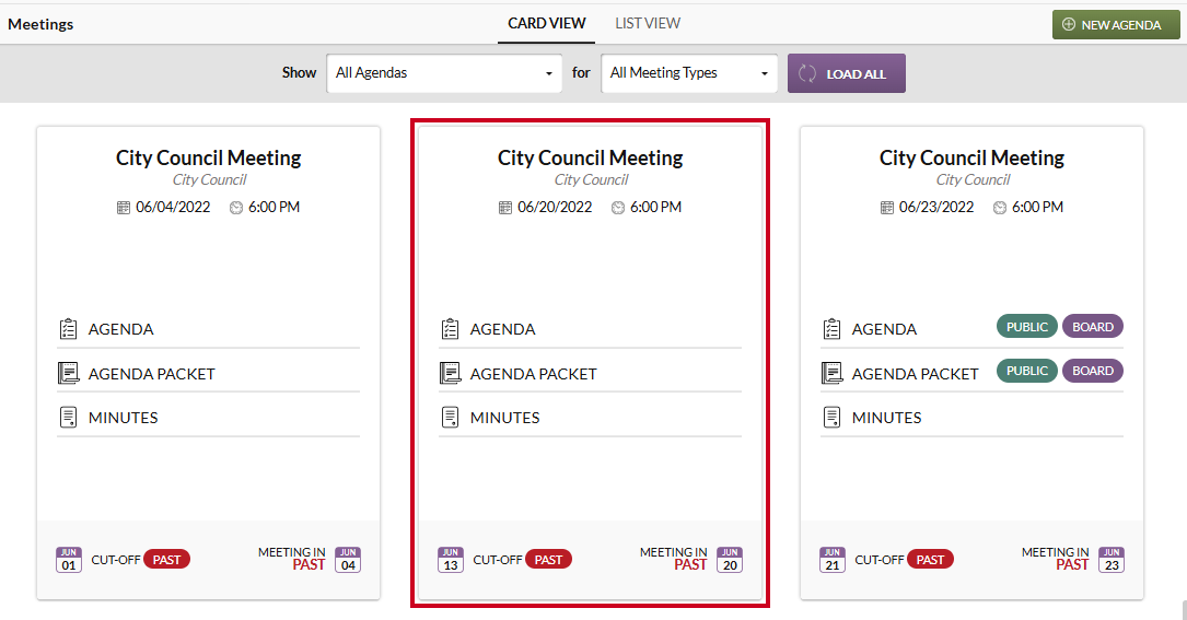 An example agenda tile in the Meetings module.