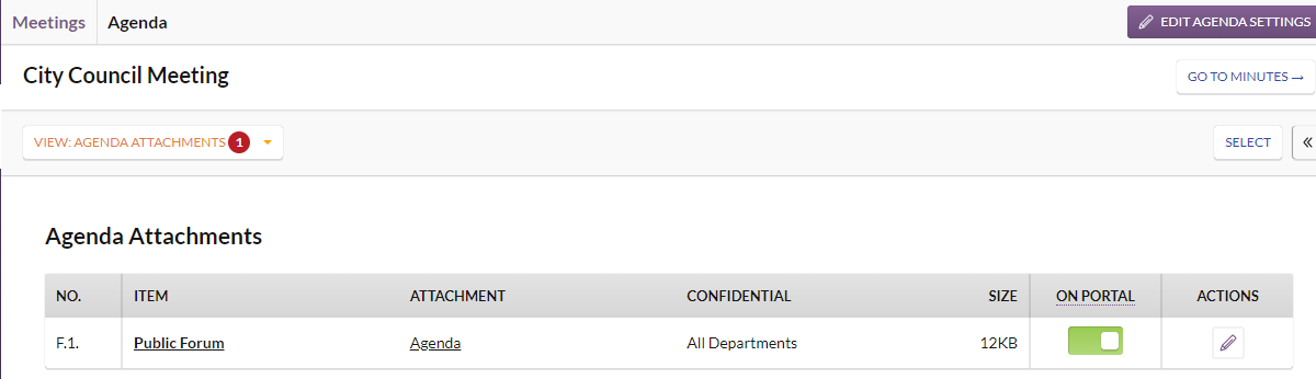 The Agenda Attachments section on the Agenda Attachments page.