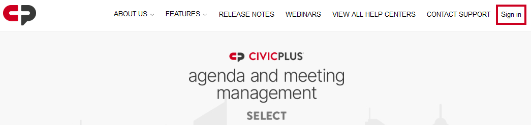 The Agenda and Meeting Management Select Help Center homepage sign in link.