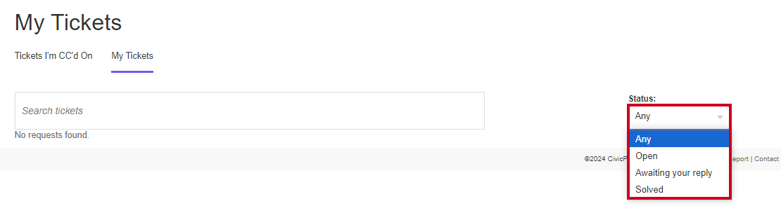 The Status dropdown list on the Tickets I'm Carbon Copied On tab.