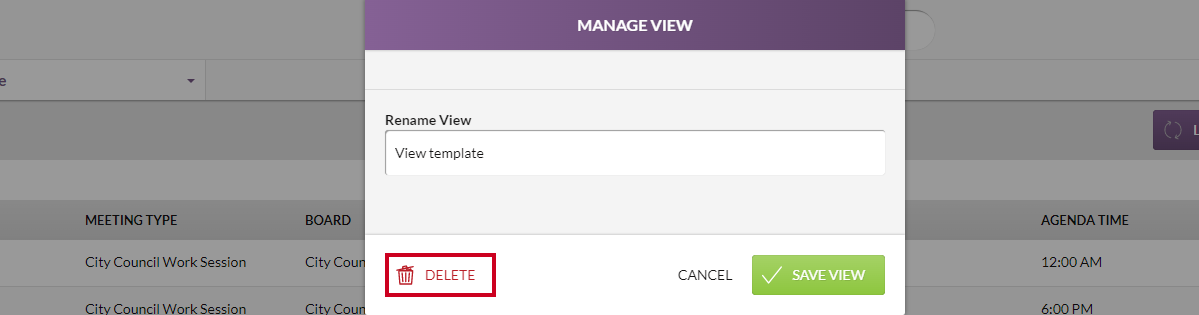 The white, rectangular Delete Button with a red trash can icon in the lower-left corner of the Manage View modal.
