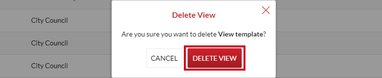The Delete View popup and red, rectangular Delete View button.