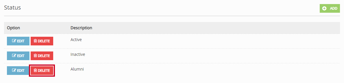 The red, rectangular Delete button to the left of an example dropdown option.