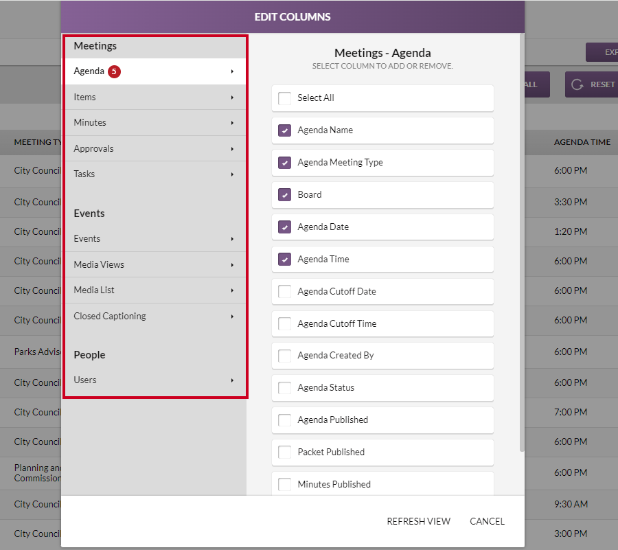 Data field categories which can be clicked to display lists of related data field checkboxes.