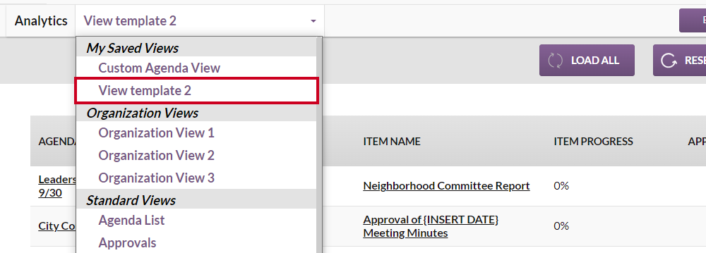 The renamed example view within the Views dropdown menu.
