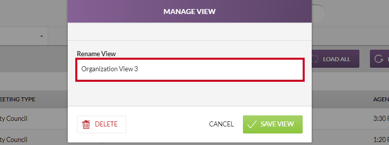 The Manage View modal Rename View field.