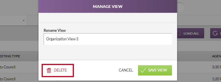 The white, rectangular Delete Button with a red trash can icon in the lower-left corner of the Manage View modal.