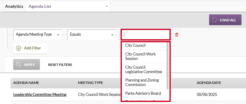 The Select Meeting Type input box and dropdown menu.