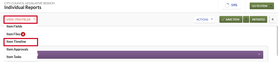 The Item's expanded view menu with the Item Timeline option highlighted.