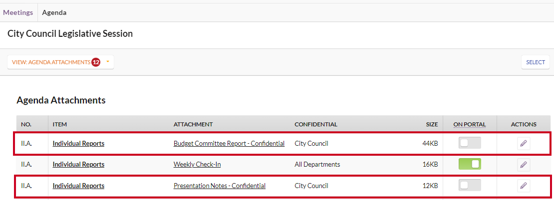 Example confidential attachments on the Agenda Attachments page.