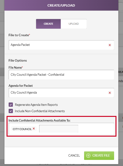 The Include Confidential Attachments Available To: field on a Create/Upload Modal.