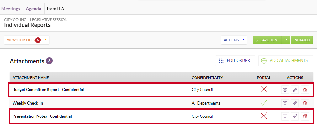 Example confidential attachments on the Item Files page.