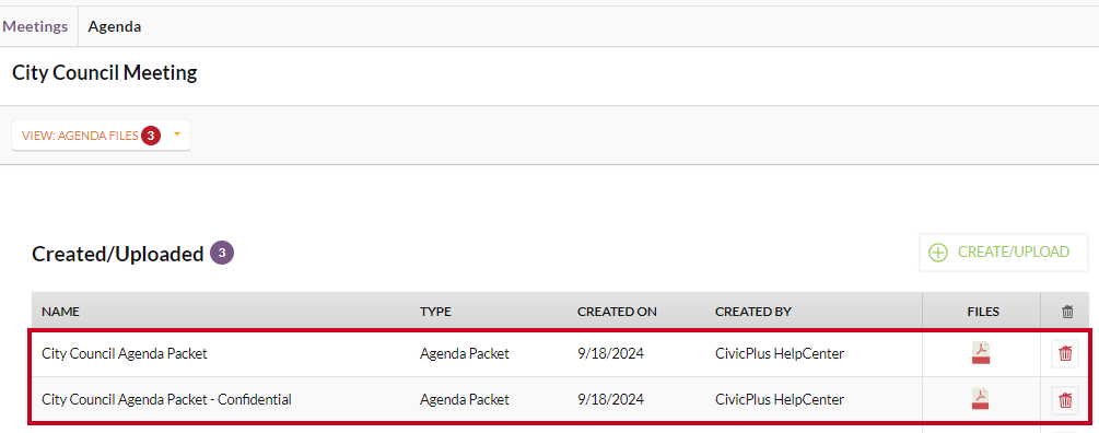 Confidential and non-confidential packets on an Agenda Files page.