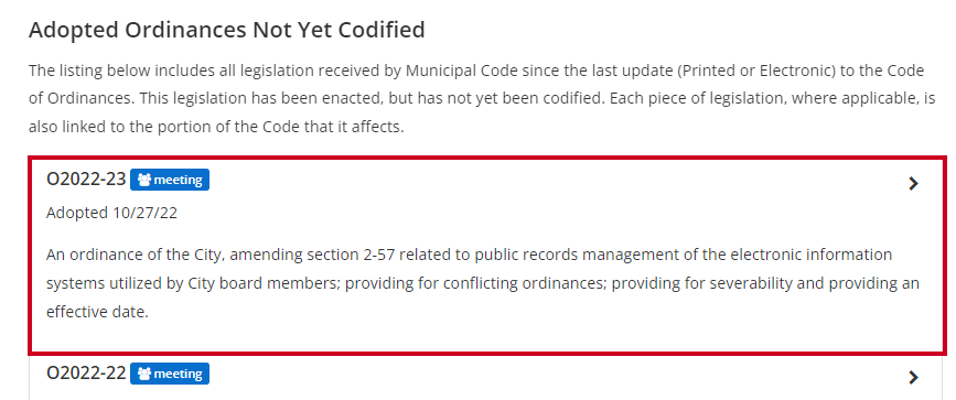 An example ordinance link within an Adopted Ordinance Not Yet Codified list.