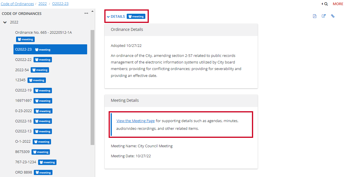A Details tab and an example Meeting Details section with a Meeting Page link.