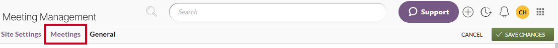 The Meetings button within the breadcrumb trail to the right of the navigation menu Dashboard button.