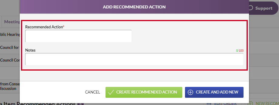 The Recommended Action and Notes fields on the Edit Recommended Action modal.