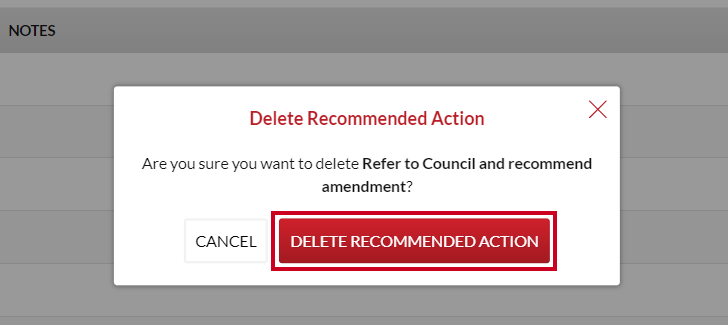 The red, rectangular Delete Recommended Action button on the Delete Recommended Action confirmation popup.