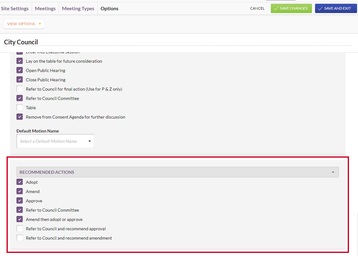 The Recommended Actions section on the Options page.