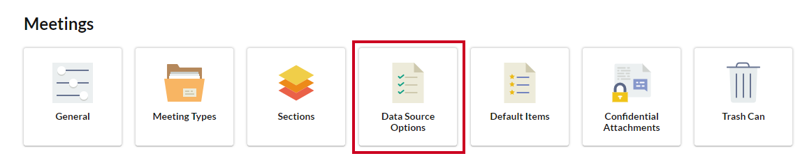 The Data Source Options tile with a paper checklist icon on the Meetings page.