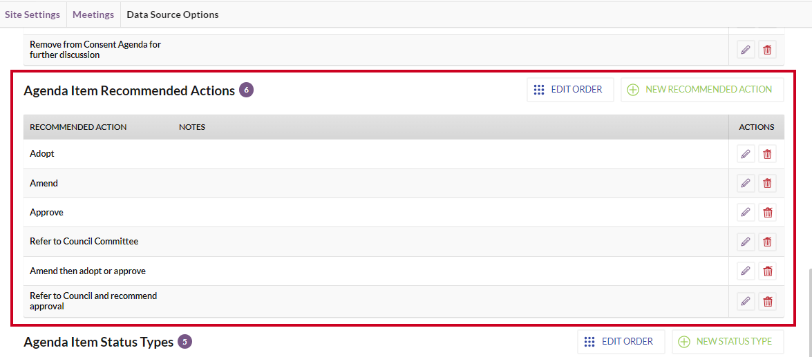 The Agenda Item Recommended Actions section on the Data Source Options page.