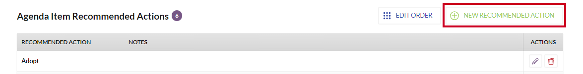 The white, rectangular New Recommended Action button to the right of the Agenda Item Recommended Actions header.