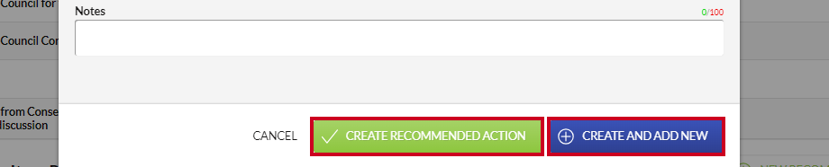 The green, rectangular Create Recommended Action button and blue, rectangular Create and Add New button in the lower-right corner of the Add Motion Action modal.