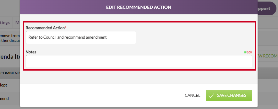 The Recommended Action and Notes fields on the Edit Recommended Action modal.
