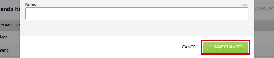The green, rectangular Save Changes button in the lower-right corner of the Edit Recommended Action modal.