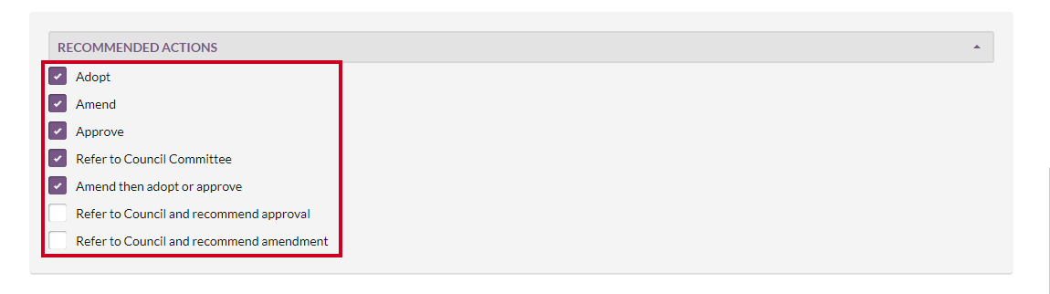 The Recommended Actions checkboxes.