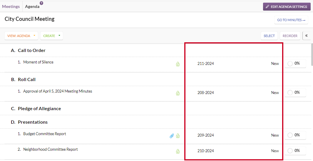 An example Agenda Outline page with applied item ID and item status display settings.