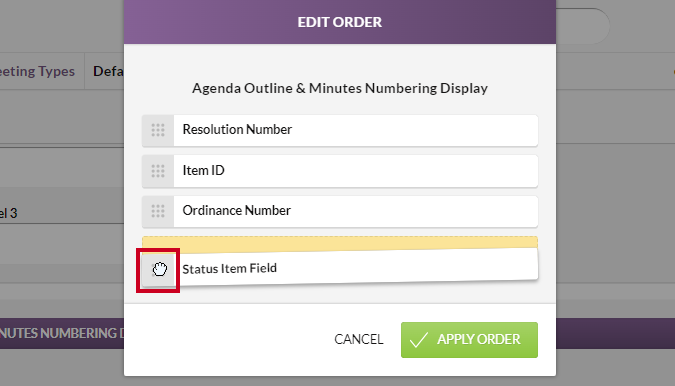 An example display setting being dragged and dropped from one place in the Edit Order list to another.