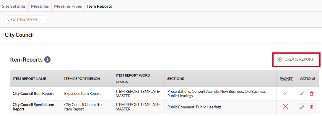 The white, rectangular Create Report button to the right of the Item Reports header.