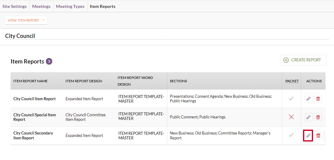 The Edit tool for an example item report.