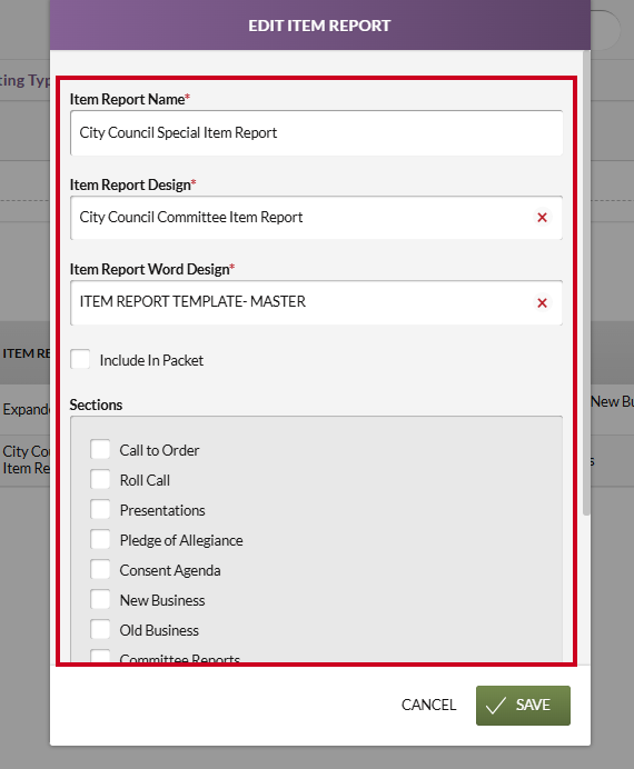 The Edit Item Report modal and detail fields.