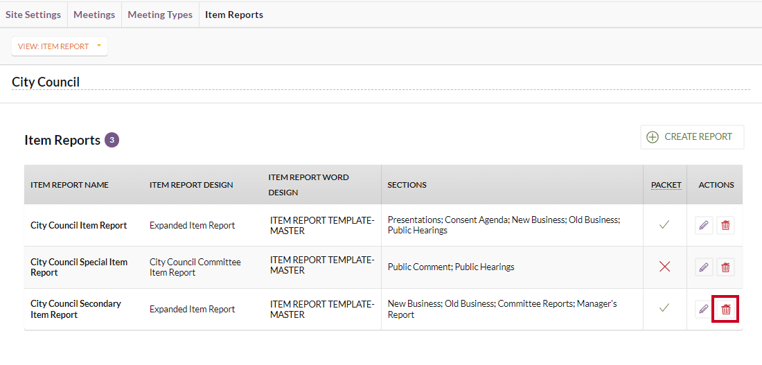 The Delete tool for an example item report.
