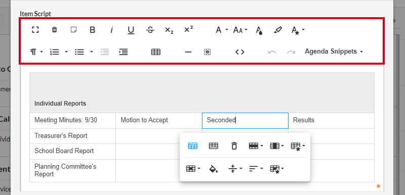 The paragraph and text formatting tools above the Item Script text box.