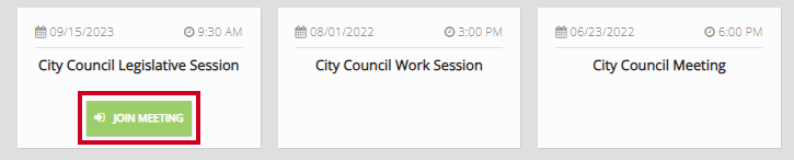 A green, rectangular Join Meeting button on an example agenda tile.