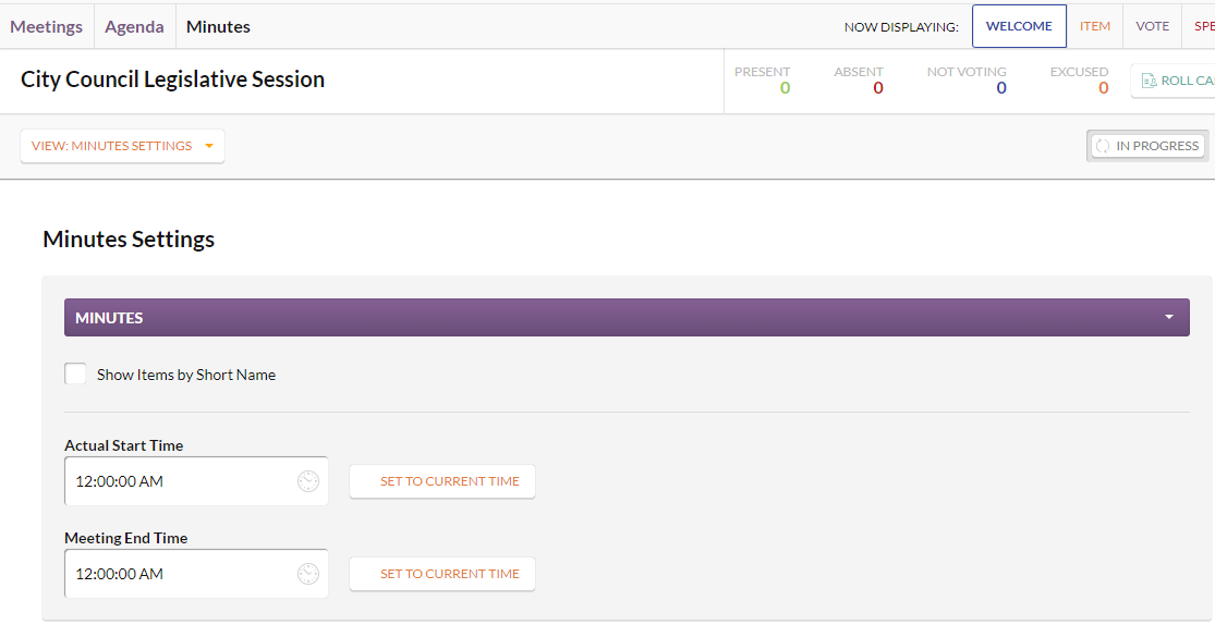 An example Minutes Settings page.