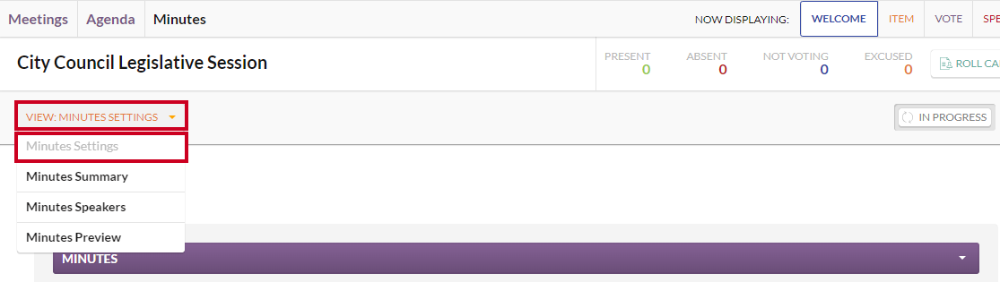 The View menu and the dropdown Minutes Settings option highlighted.